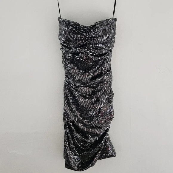 Ba&sh Maelle Embellished Sequin Strapless Bodycon Mini Dress Silver Black XS - Picture 4 of 8
